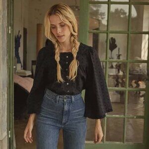 Doen Lunaria Swiss Dot Blouse Top Black Embroidered Organic Cotton Button XL